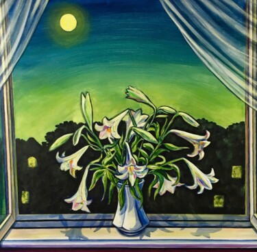 Lilien am Fensterbrett bei Vollmond